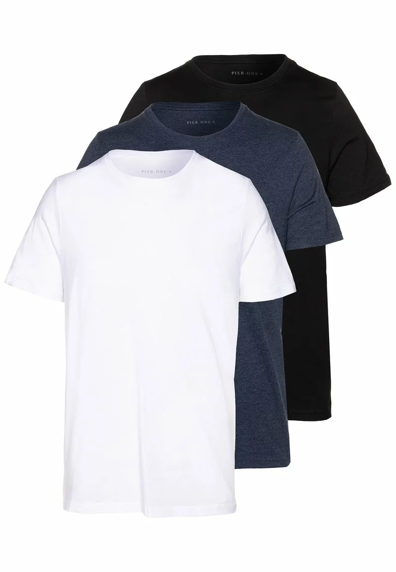 Pier One Uomo 3 PACK - T-shirt Basic - Black/white/blue 3 Pier One Uomo 3 PACK - T-shirt Basic - Black/white/blue
