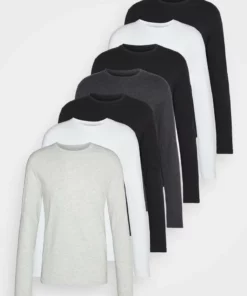 Pier One Uomo 7 PACK - Maglietta A Manica Lunga - Mottled Light Grey/white/mottled Dark Grey